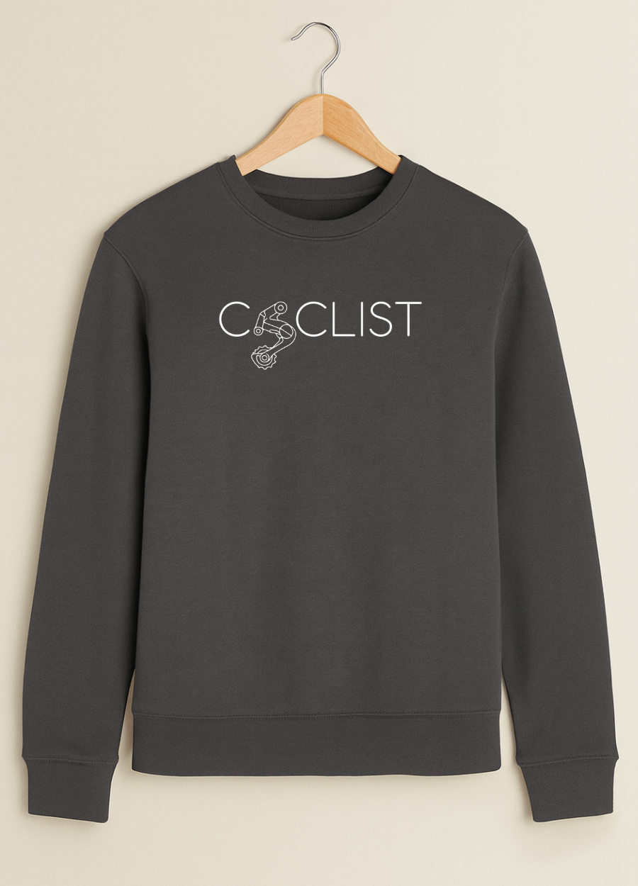 Dark gray sweatshirt with 'Cyclist' text on a beige background