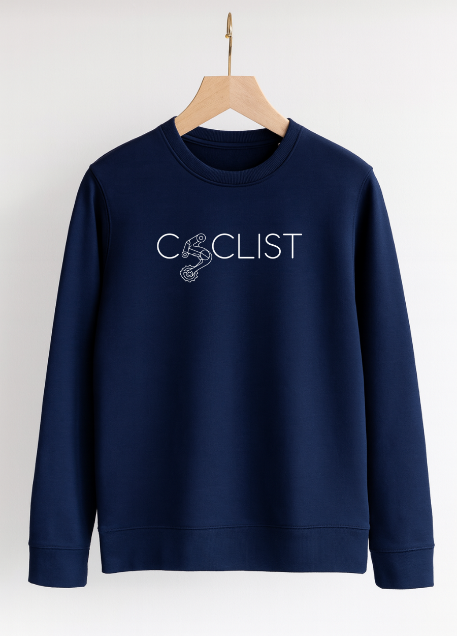Navy blue sweatshirt with 'Cyclist' text on a hanger against a white background