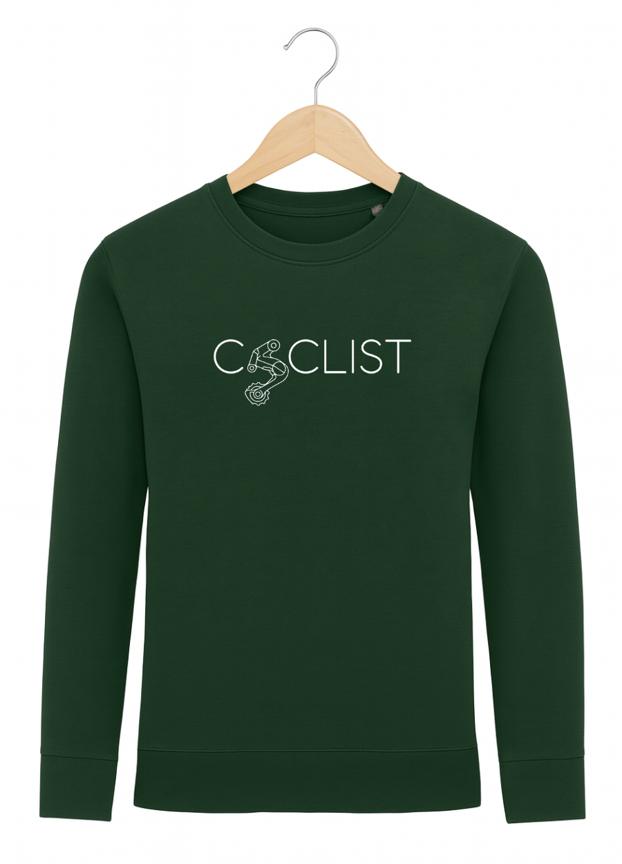 Green sweatshirt with 'Cyclist' text on a hanger against a white background