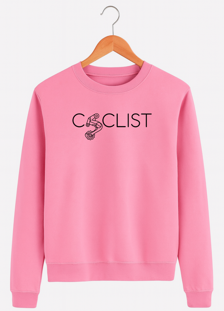 Pink sweatshirt with 'CYCLIST' text on a hanger against a white background