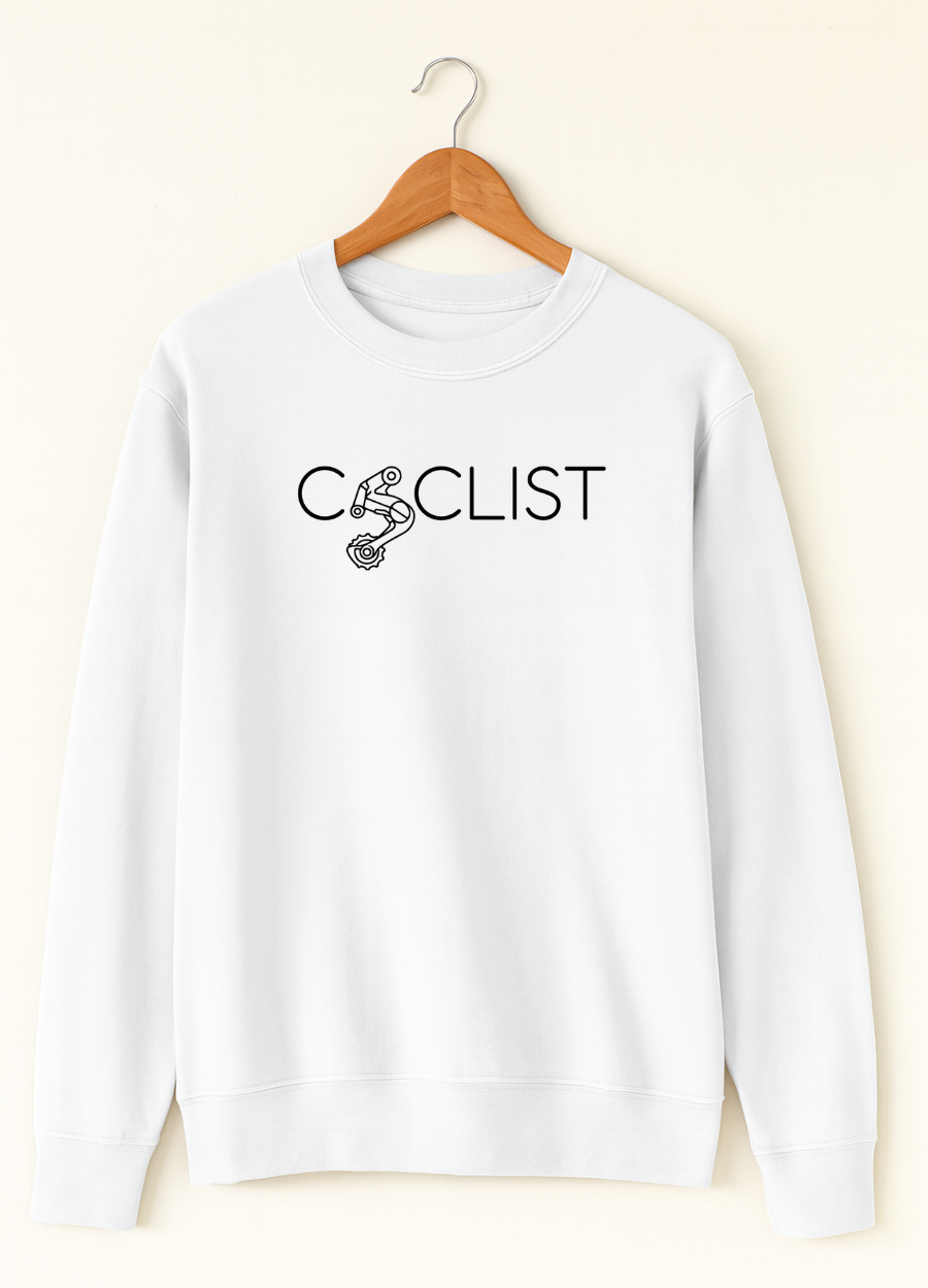 White sweatshirt with 'Cyclist' text on a hanger against a white background