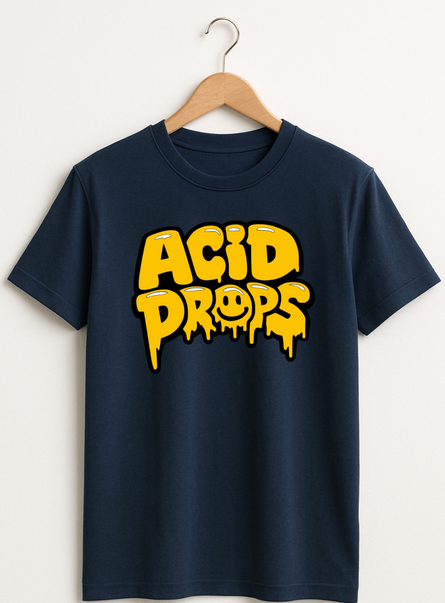 Navy blue t-shirt with yellow 'ACID PROPS' text on a hanger against a white background