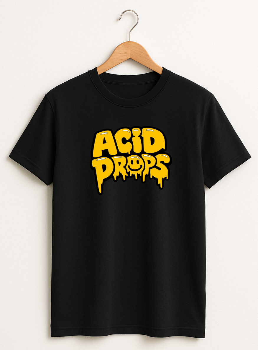 Black t-shirt with yellow 'ACID DROPS' text on a hanger against a white background