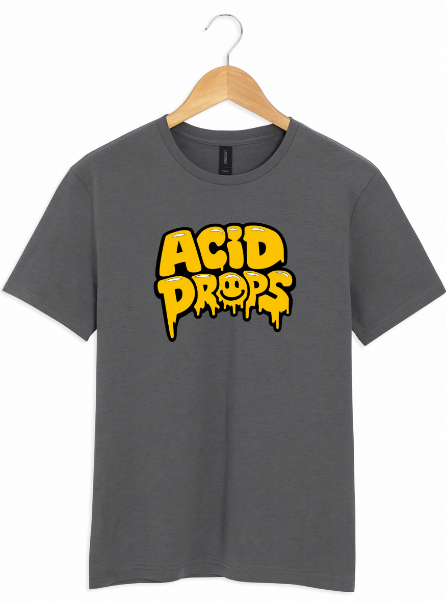 Grey t-shirt with yellow 'ACID DROPS' graphic on a hanger against a white background