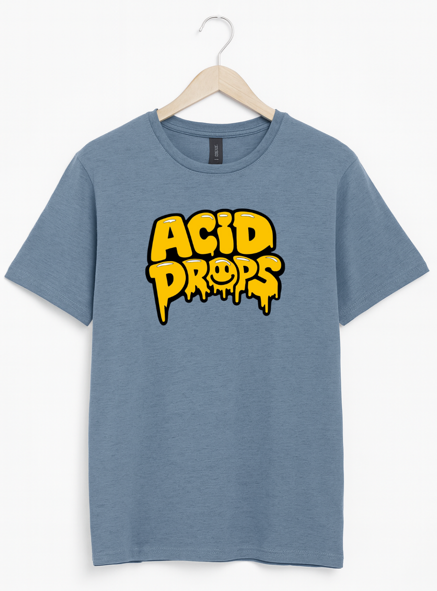 Blue t-shirt with yellow 'ACID PROPS' text on a white background