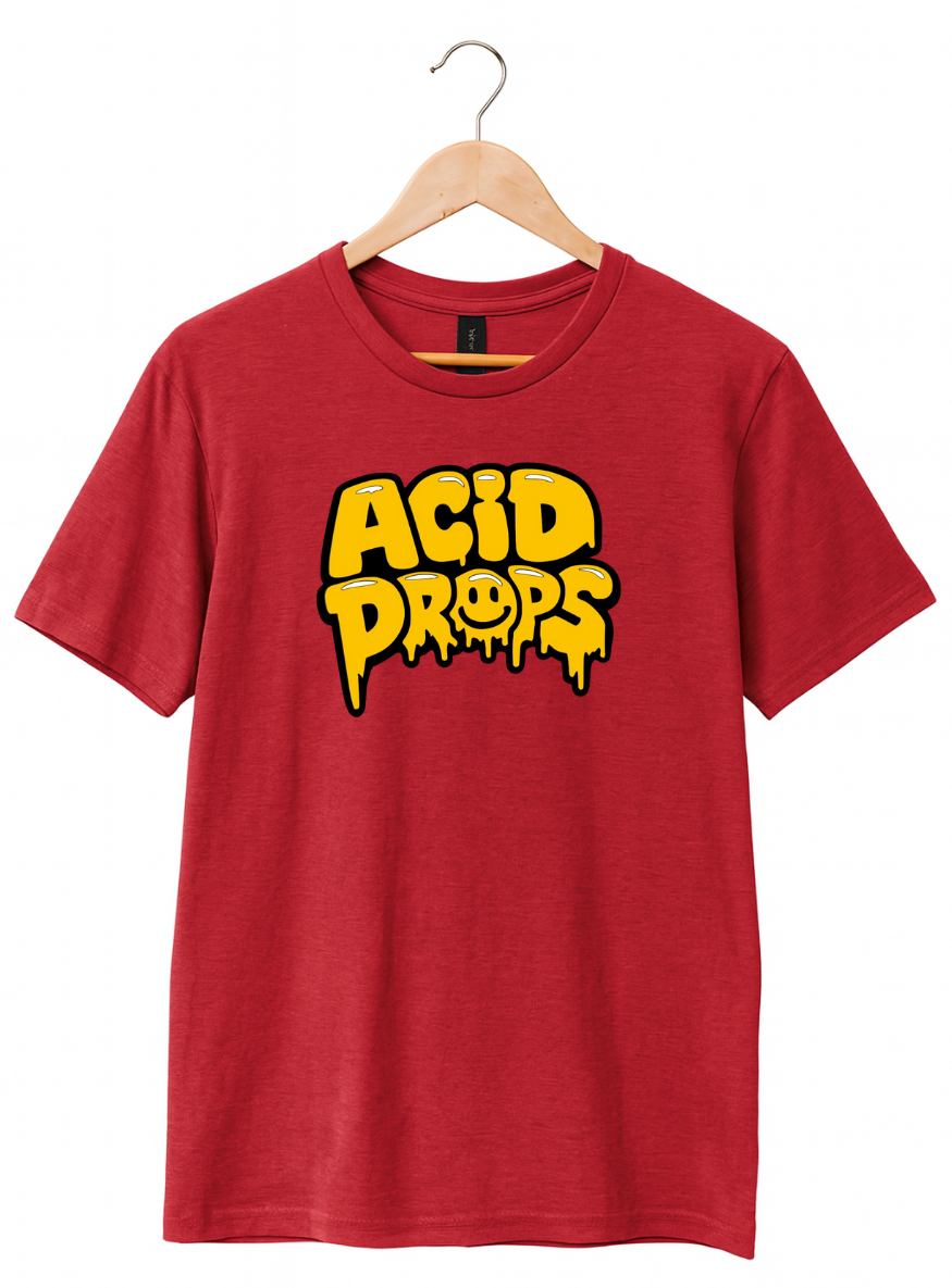 Red t-shirt with 'ACID PROPS' text on a hanger against a white background