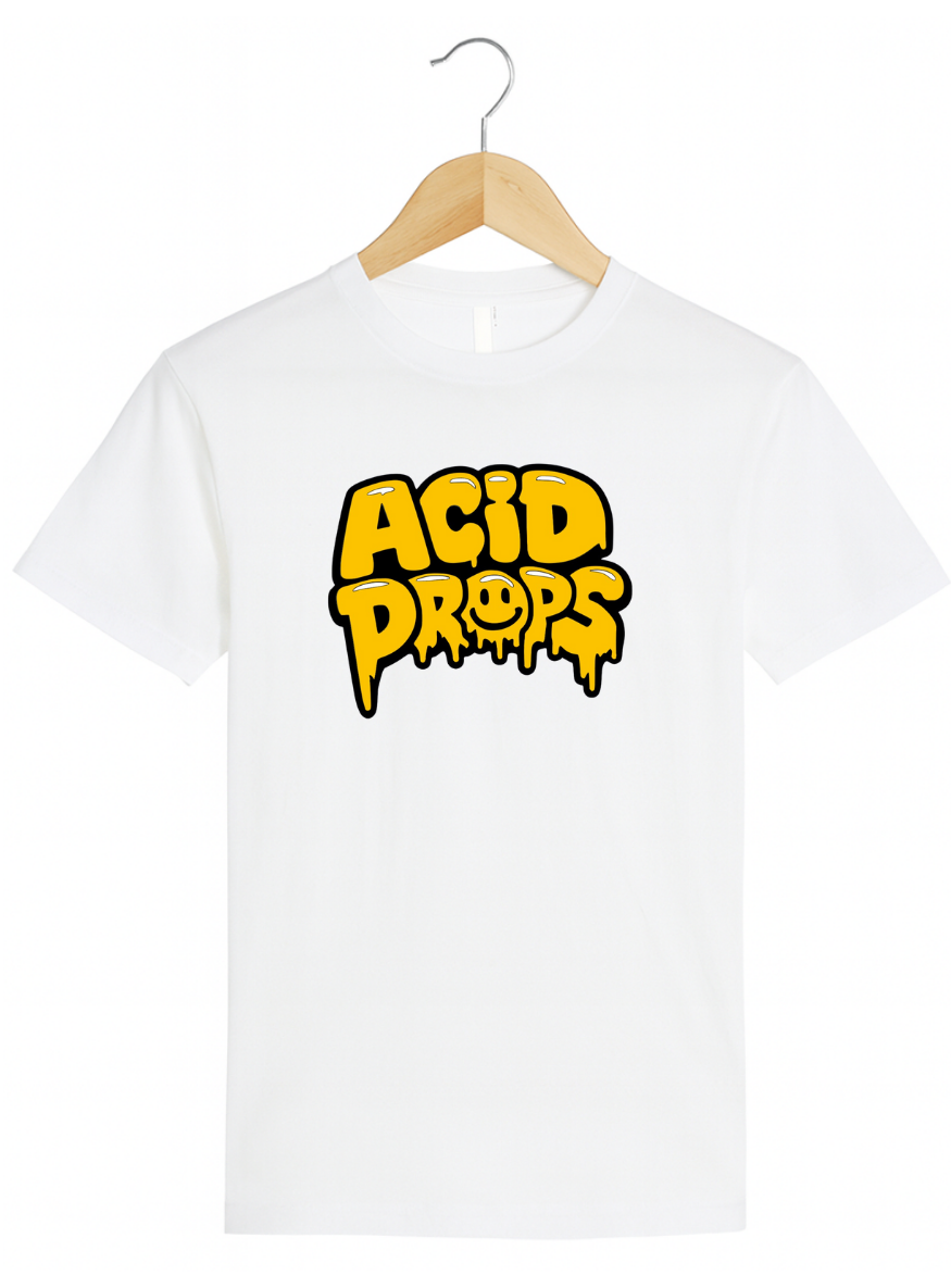 White t-shirt with 'ACID DROPS' text in yellow on a hanger against a white background
