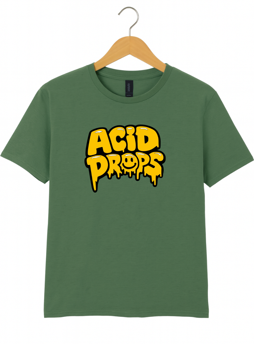 Green t-shirt with 'ACID DROPS' text on a hanger against a white background