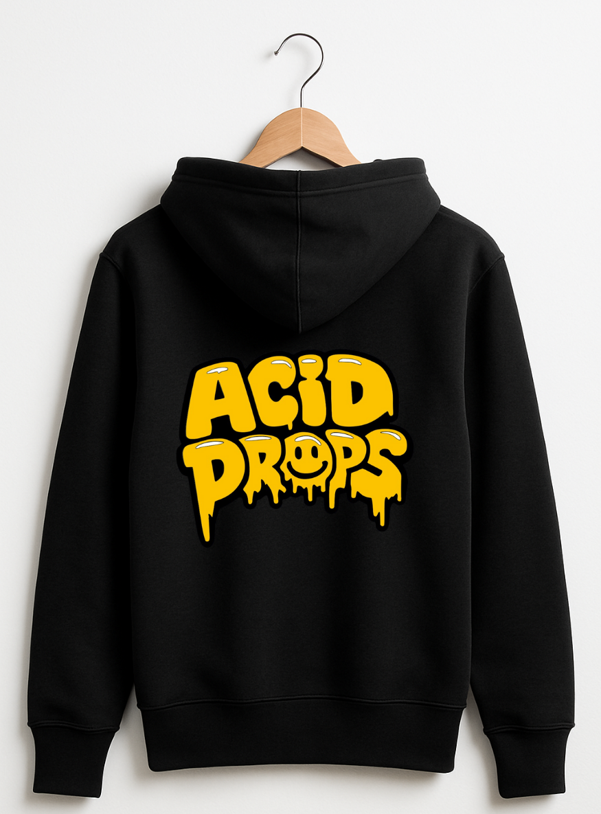 Black hoodie with yellow 'ACID DROPS' text on a white background