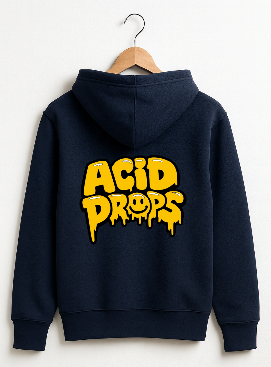 Navy blue hoodie with yellow 'ACID DROPS' text on a white background