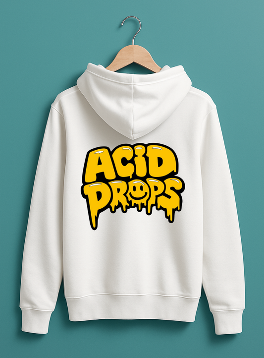 White hoodie with 'ACID DROPS' text on a hanger against a teal background