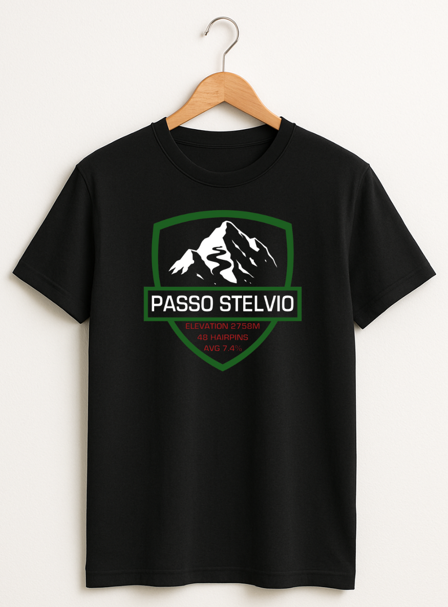 Black t-shirt with mountain logo and 'Passo Stelvio' text on a hanger against a white background