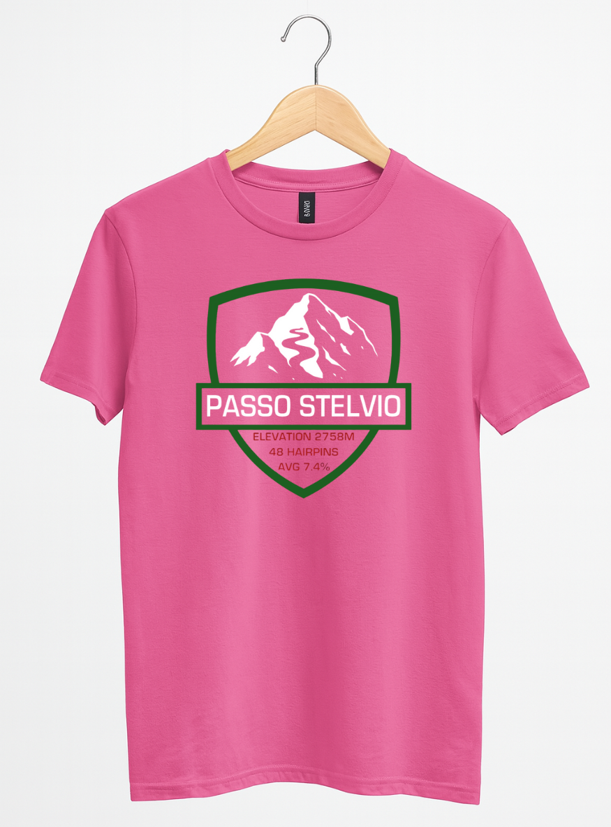 Pink t-shirt with mountain logo and 'Passo Stelvio' text on a hanger against a white background