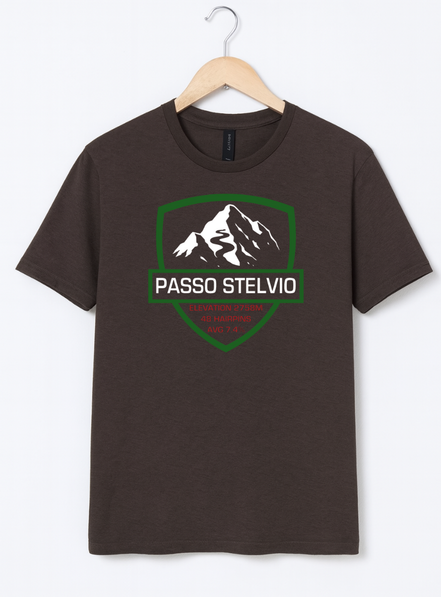 Brown t-shirt with mountain graphic and 'Passo Stelvio' text on a hanger against a white background