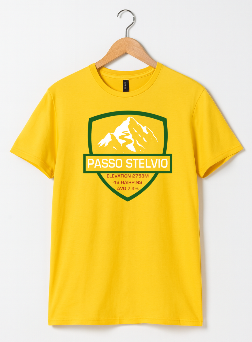 Yellow t-shirt with mountain graphic and 'Passo Stelvio' text on a white background