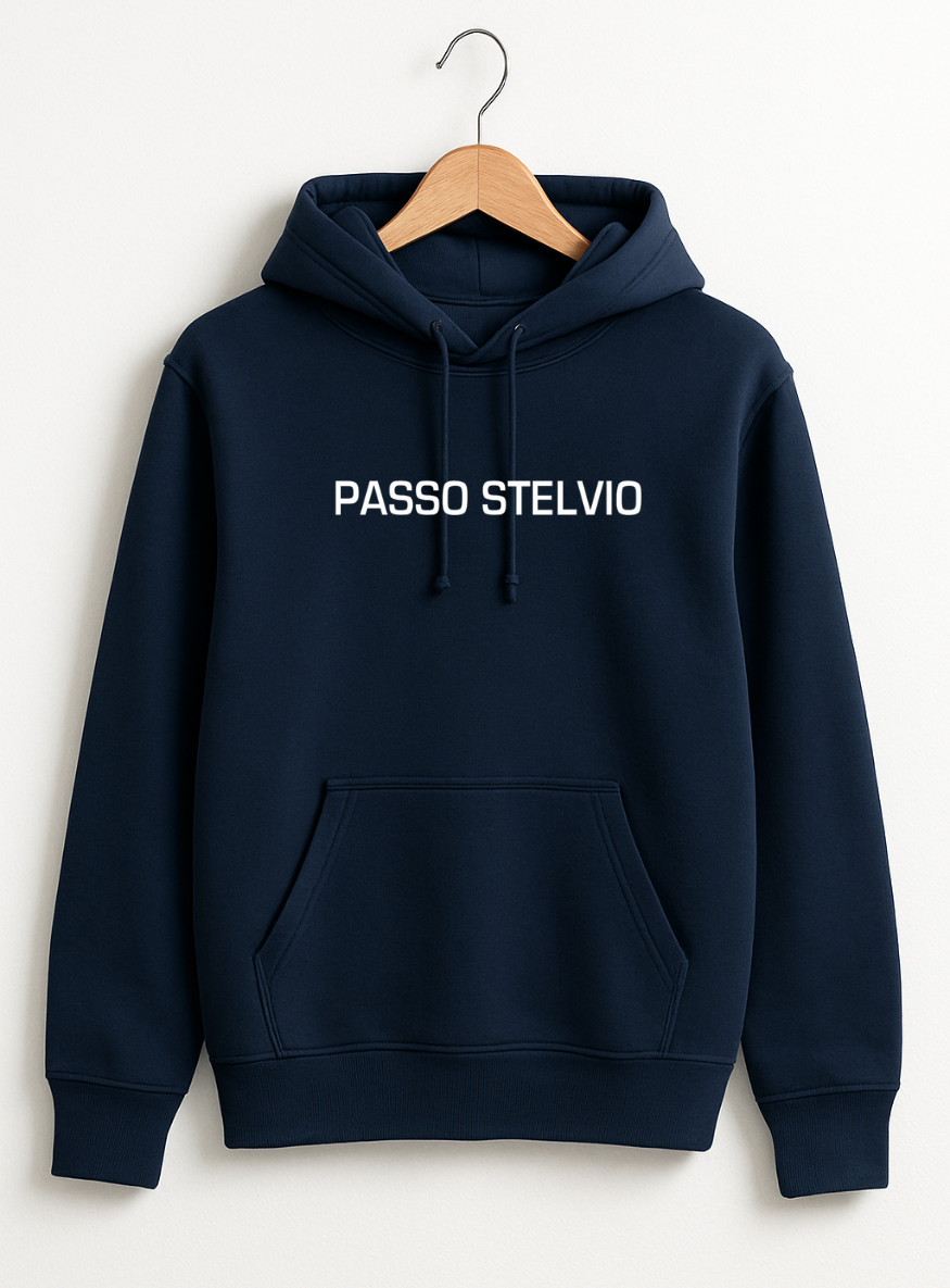 Navy hoodie displayed on a wooden ehanger against a teal background, featuring a bold Passo Stelvio mountain crest graphic on the back with elevation, hairpins, and average gradient details.