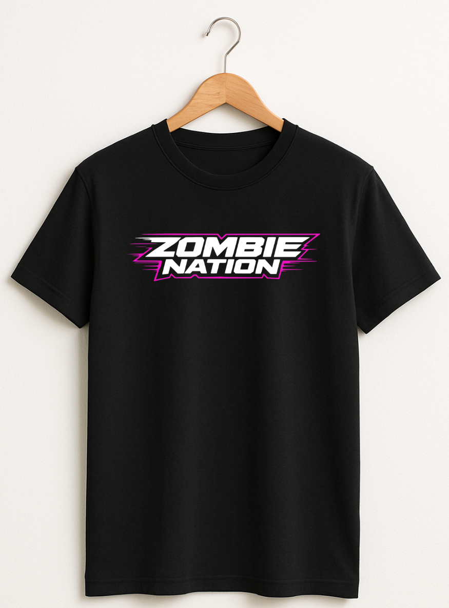 Black t-shirt with 'Zombie Nation' graphic on a hanger against a white background