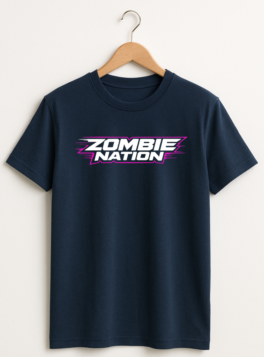 Navy t-shirt with 'Zombie Nation' graphic on a hanger against a white background