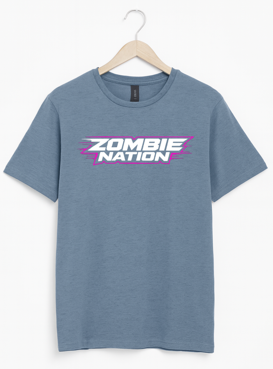 Blue t-shirt with 'Zombie Nation' text on a hanger against a white background