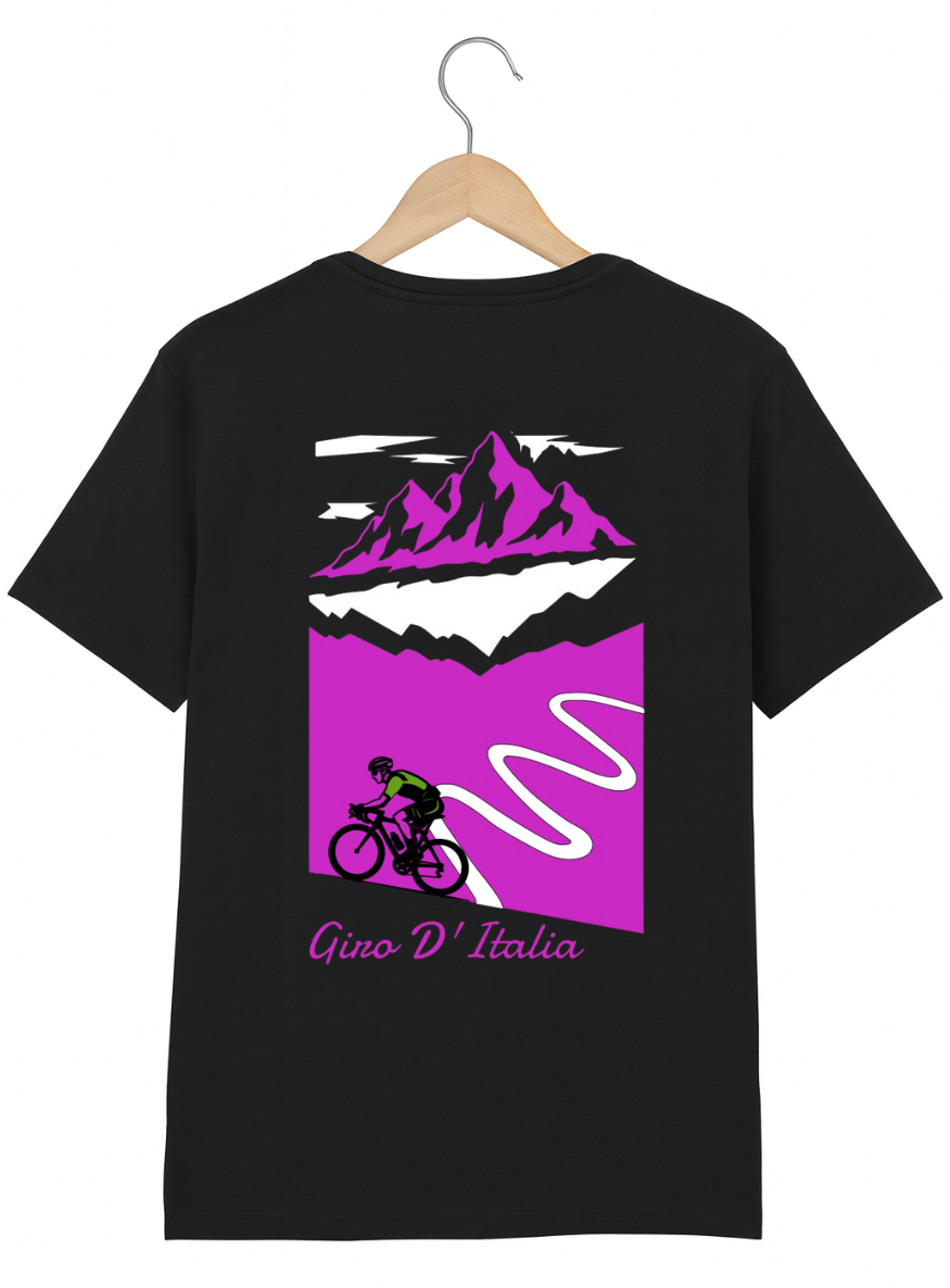 Black t-shirt with a mountain and cycling graphic on a hanger