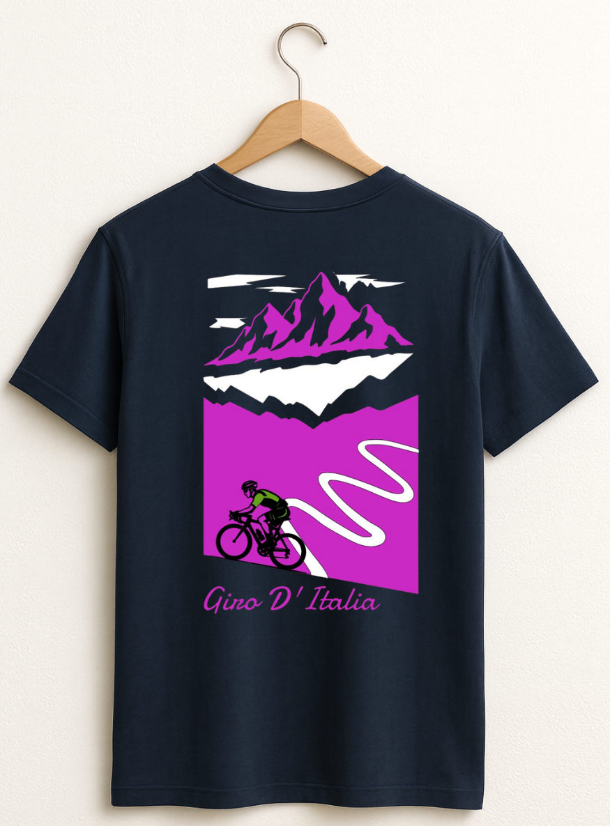 Black t-shirt with mountain and cycling graphic on a hanger
