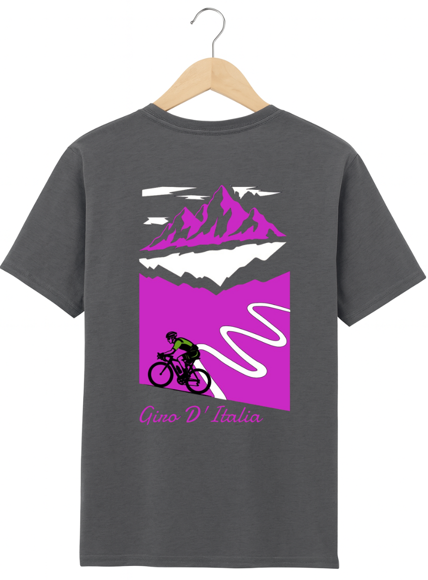Grey t-shirt with a mountain and cyclist graphic on a hanger