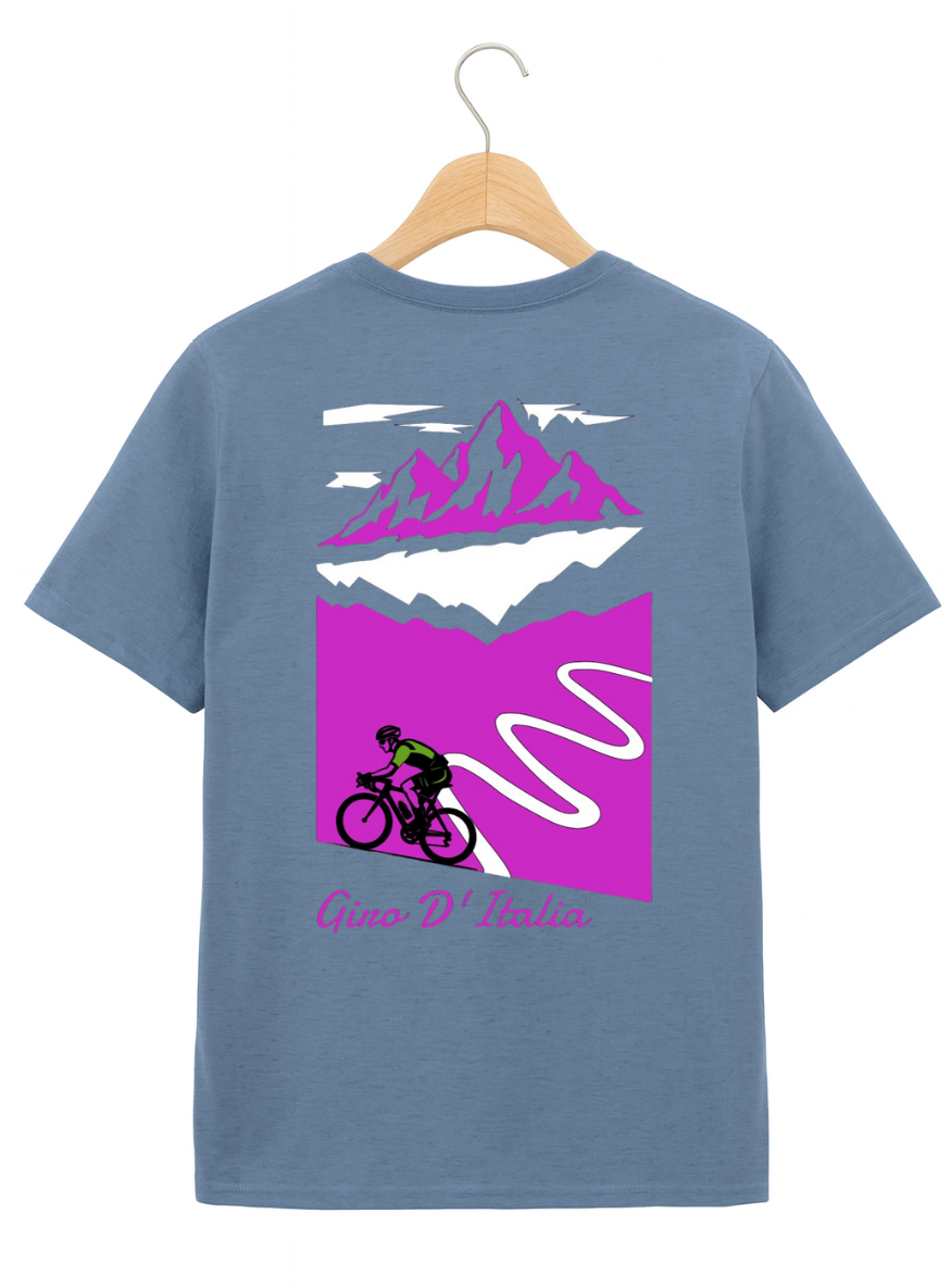 Blue t-shirt with mountain and cyclist graphic on a hanger