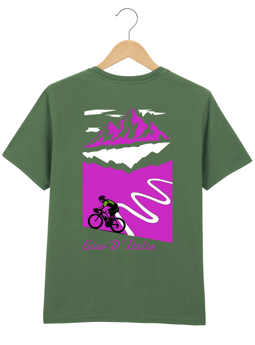 Green t-shirt with mountain and cyclist graphic on a hanger