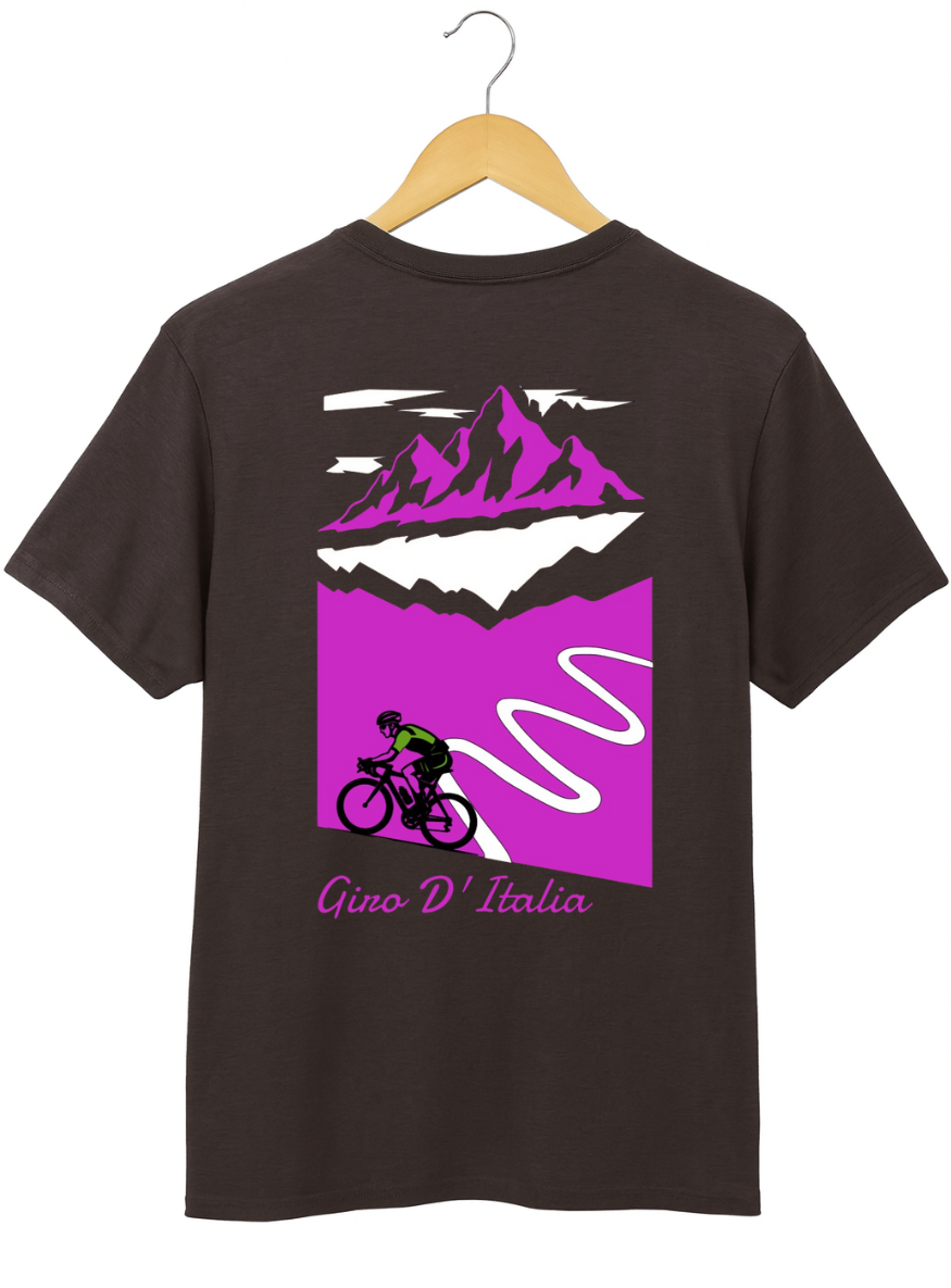 Brown t-shirt with purple mountain graphic and cyclist on a hanger