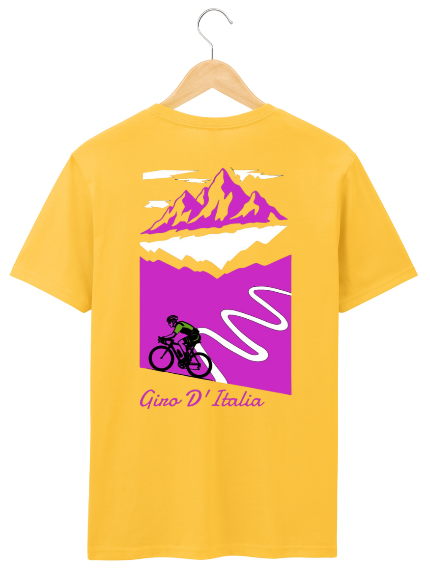 Yellow t-shirt with a mountain and cyclist graphic on a hanger
