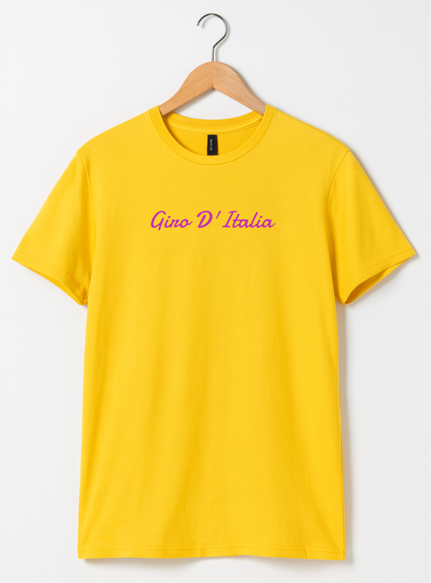 Yellow t-shirt with 'Giro D'Italia' text on a hanger against a white background
