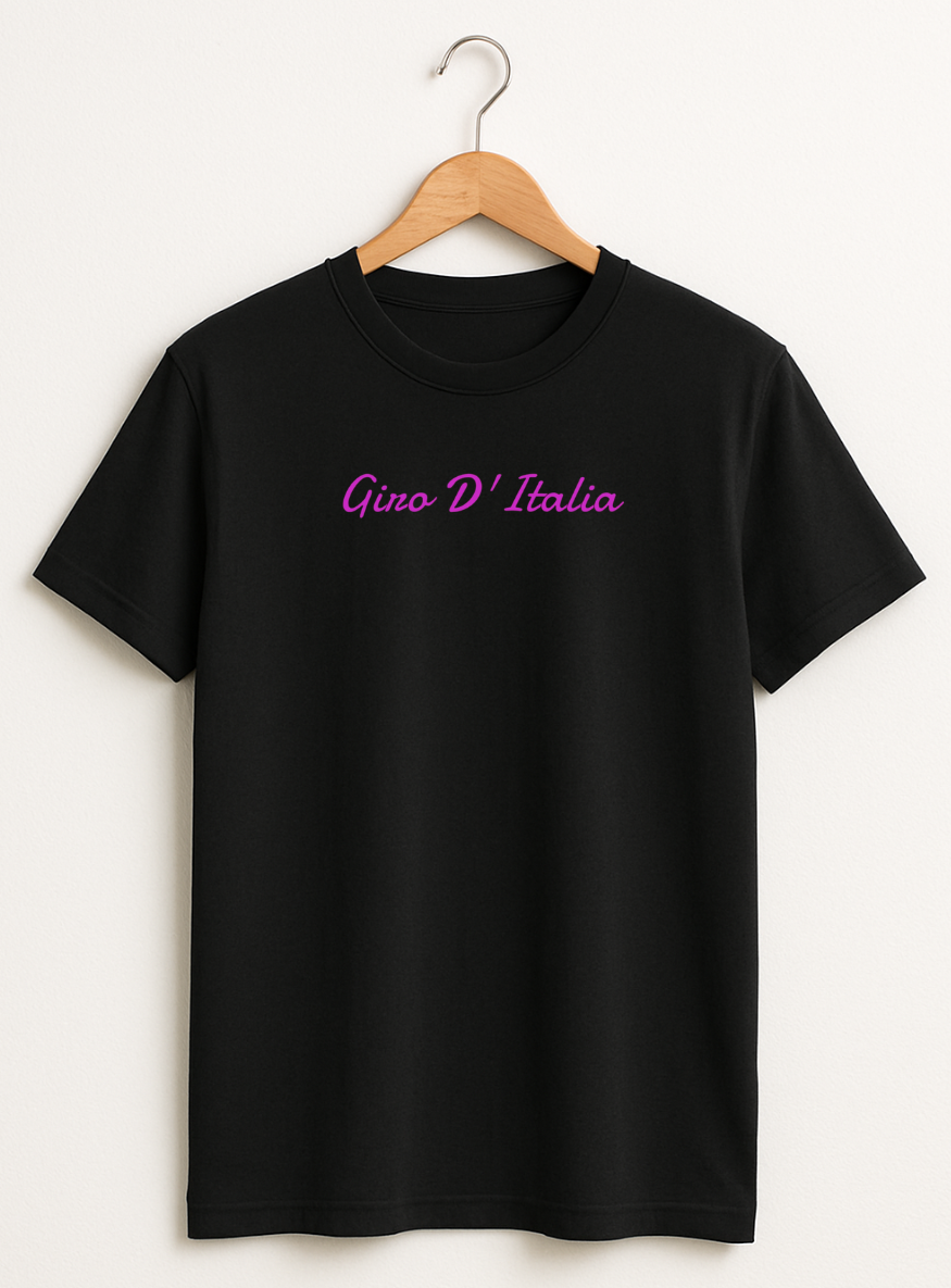 Black t-shirt with 'Gino D'Italia' text on a hanger against a white background