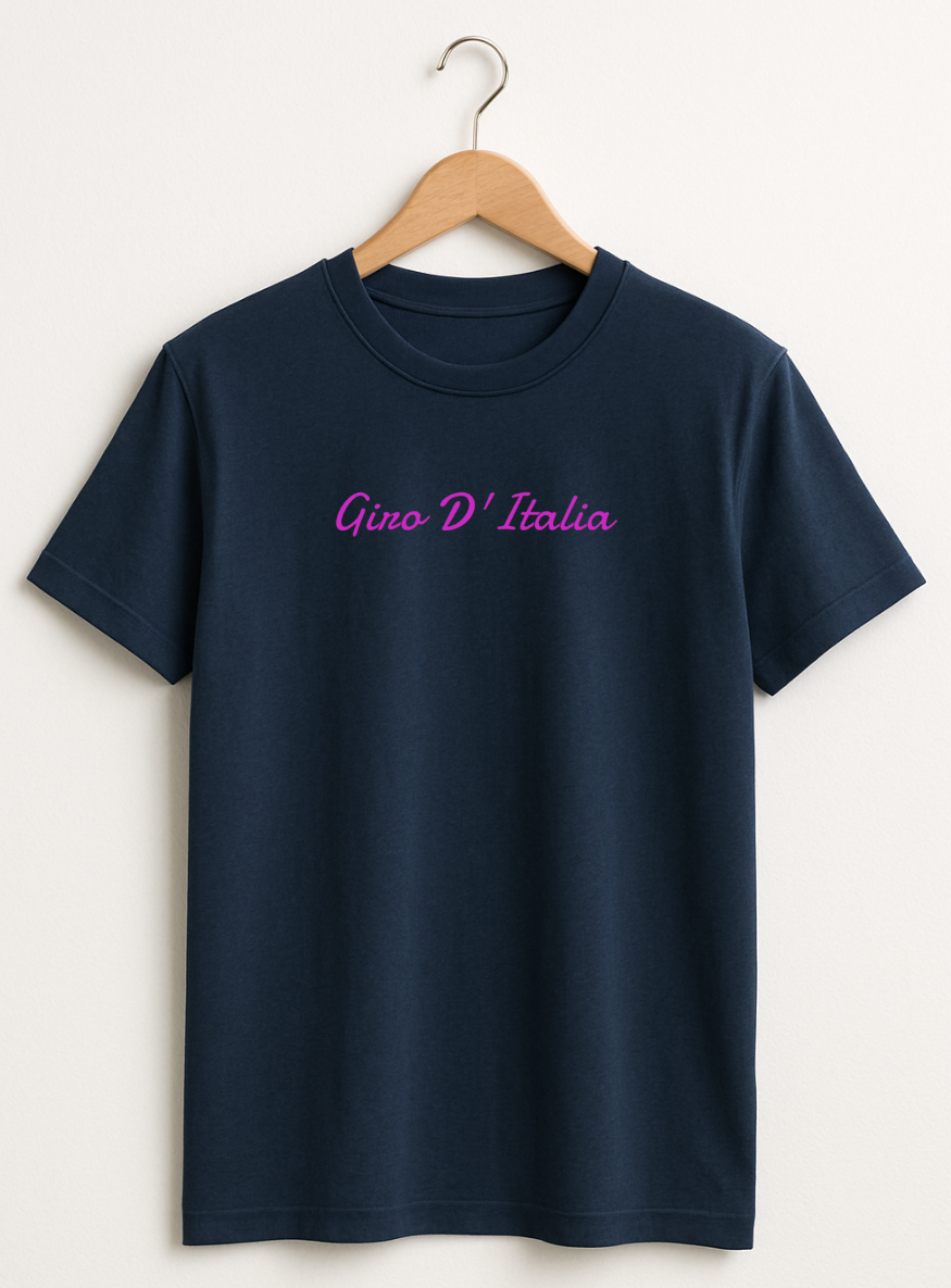 Navy blue t-shirt with pink text on a hanger against a white background
