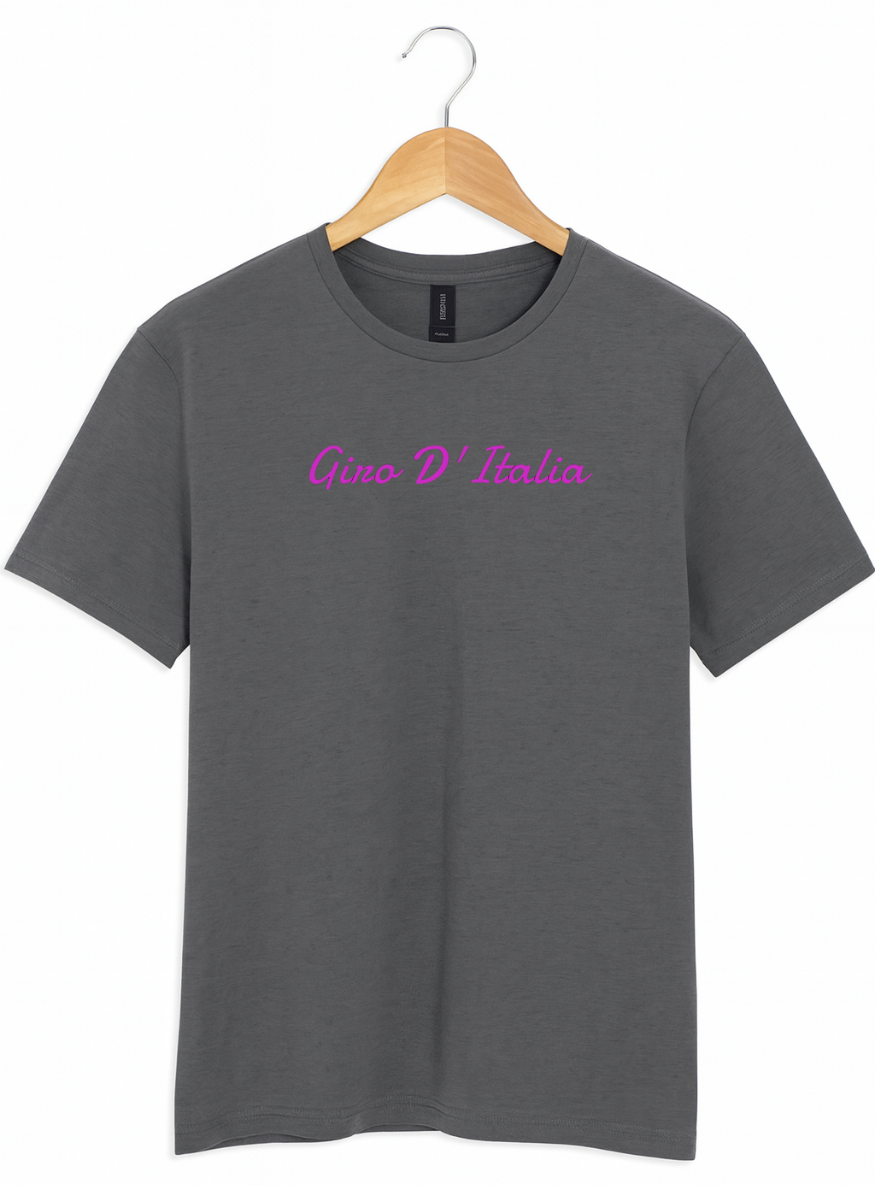 Grey t-shirt with pink text on a hanger against a white background