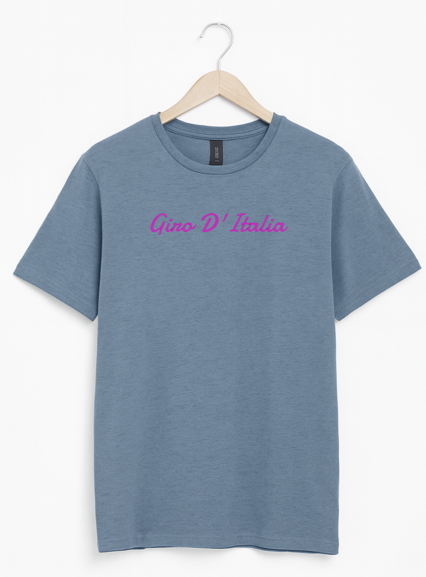 Blue t-shirt with 'Gino D'Italia' text on a hanger against a white background
