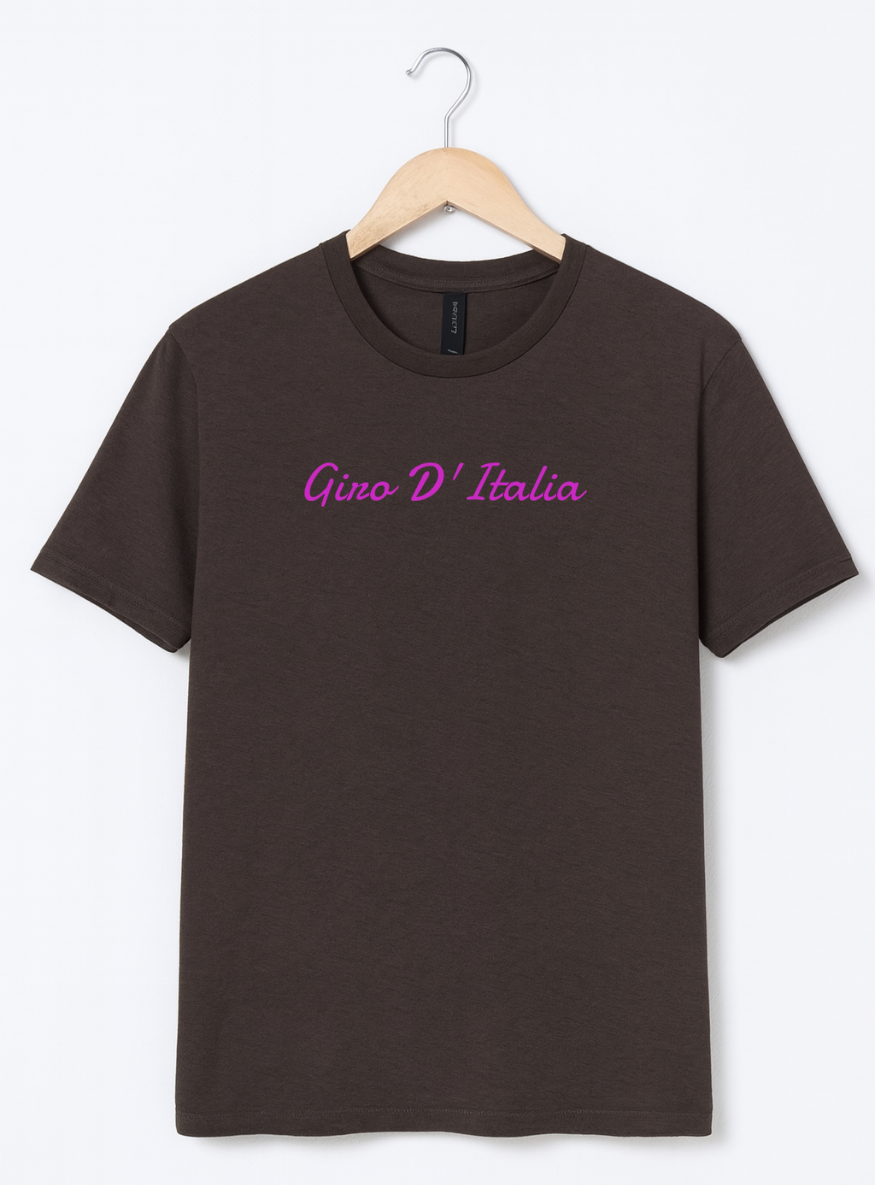 Brown t-shirt with 'Giro D'Italia' text on a hanger against a white background