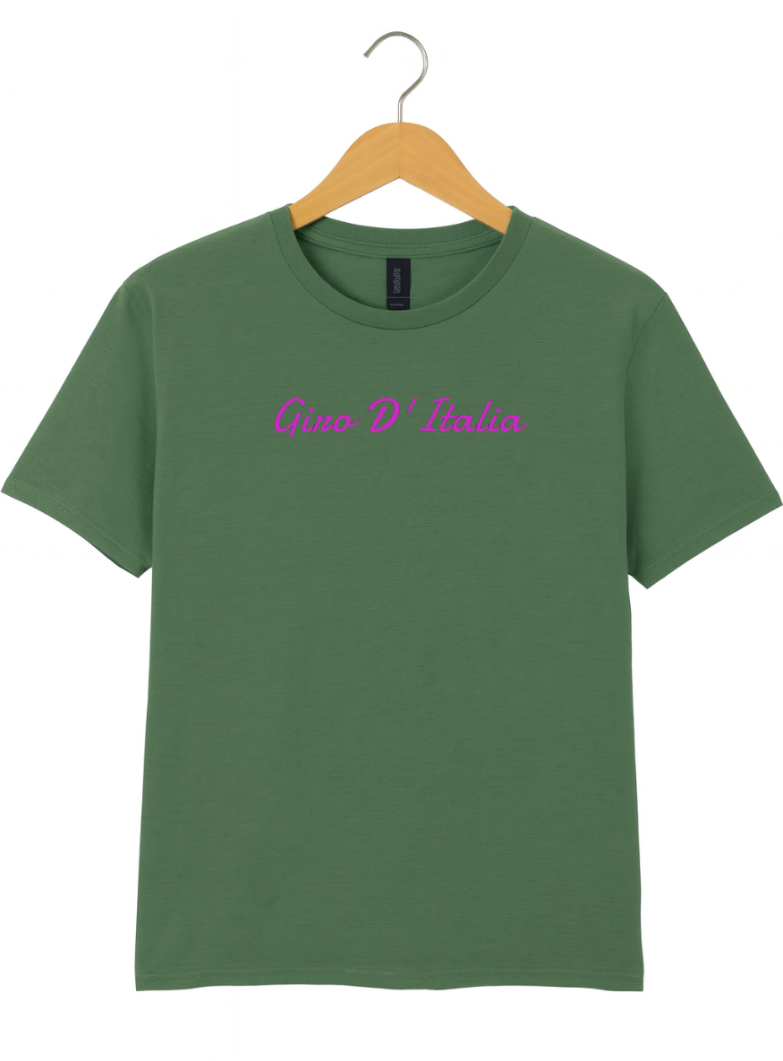 Green t-shirt with 'Ciao D'Italia' text on a hanger against a white background