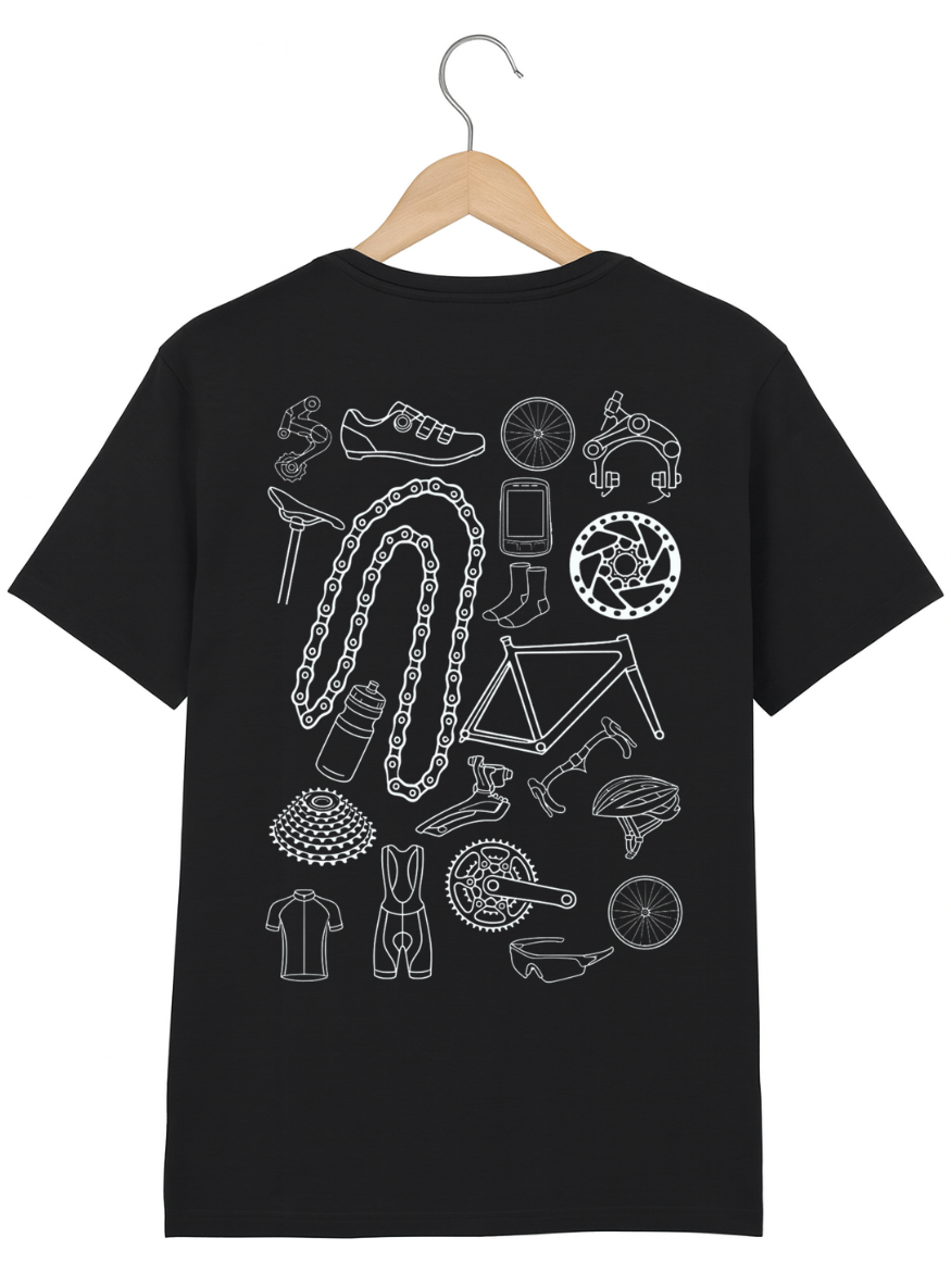 Black t-shirt with white bicycle parts illustrations on a hanger against a white background