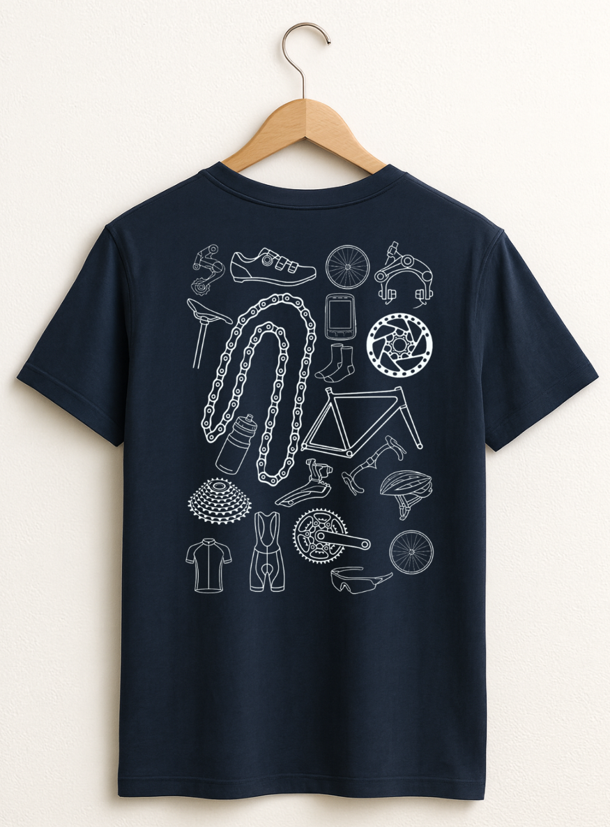 Navy blue t-shirt with white bicycle graphic on a hanger against a white background