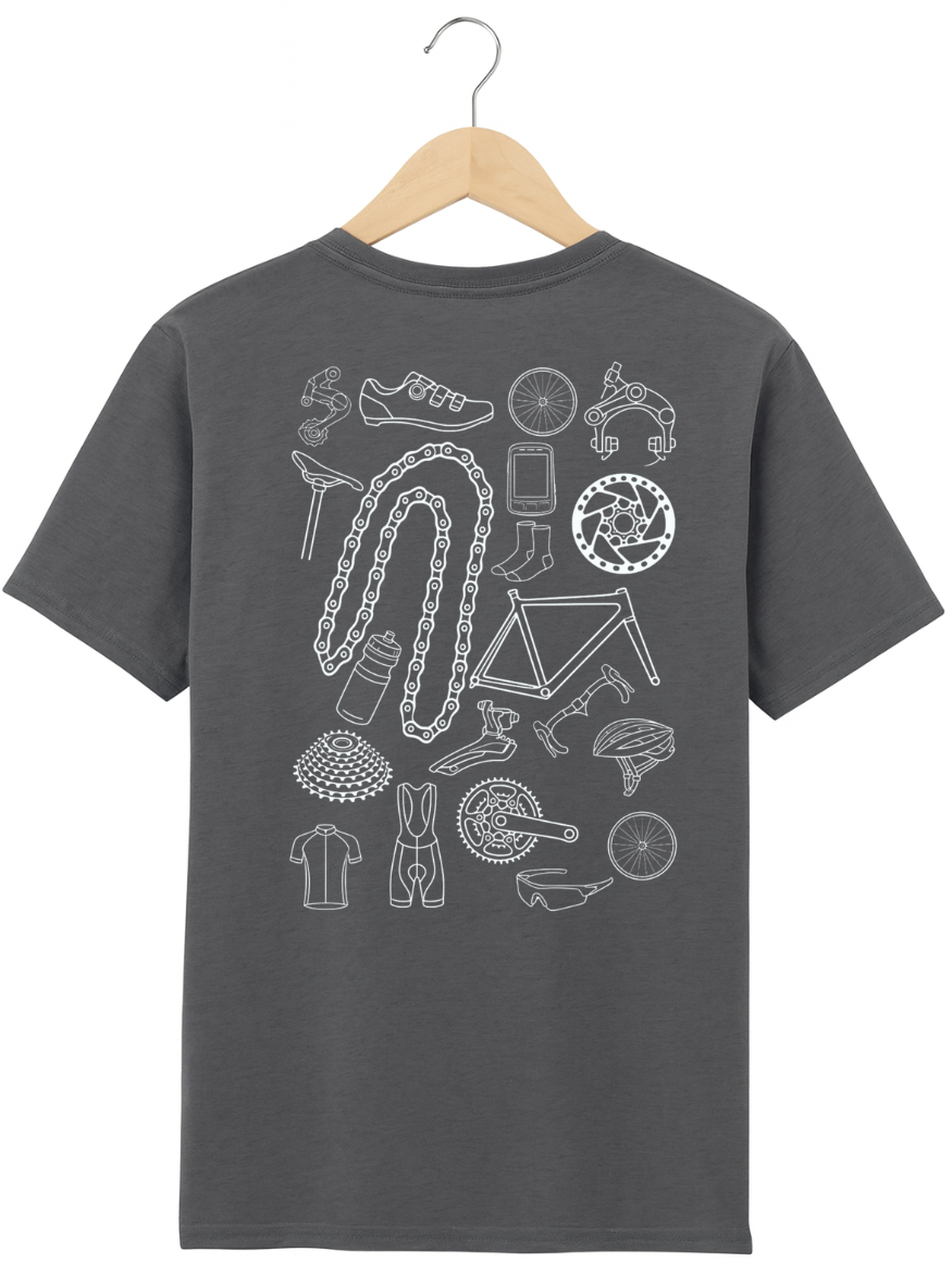 Grey t-shirt with white bike-related graphics on a hanger against a white background