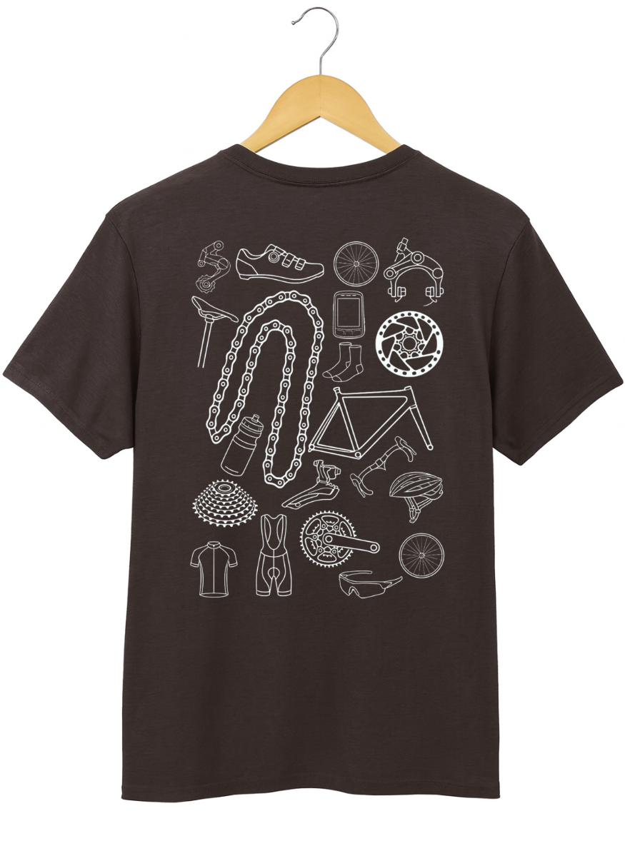 Brown t-shirt with white bicycle-related graphics on a hanger