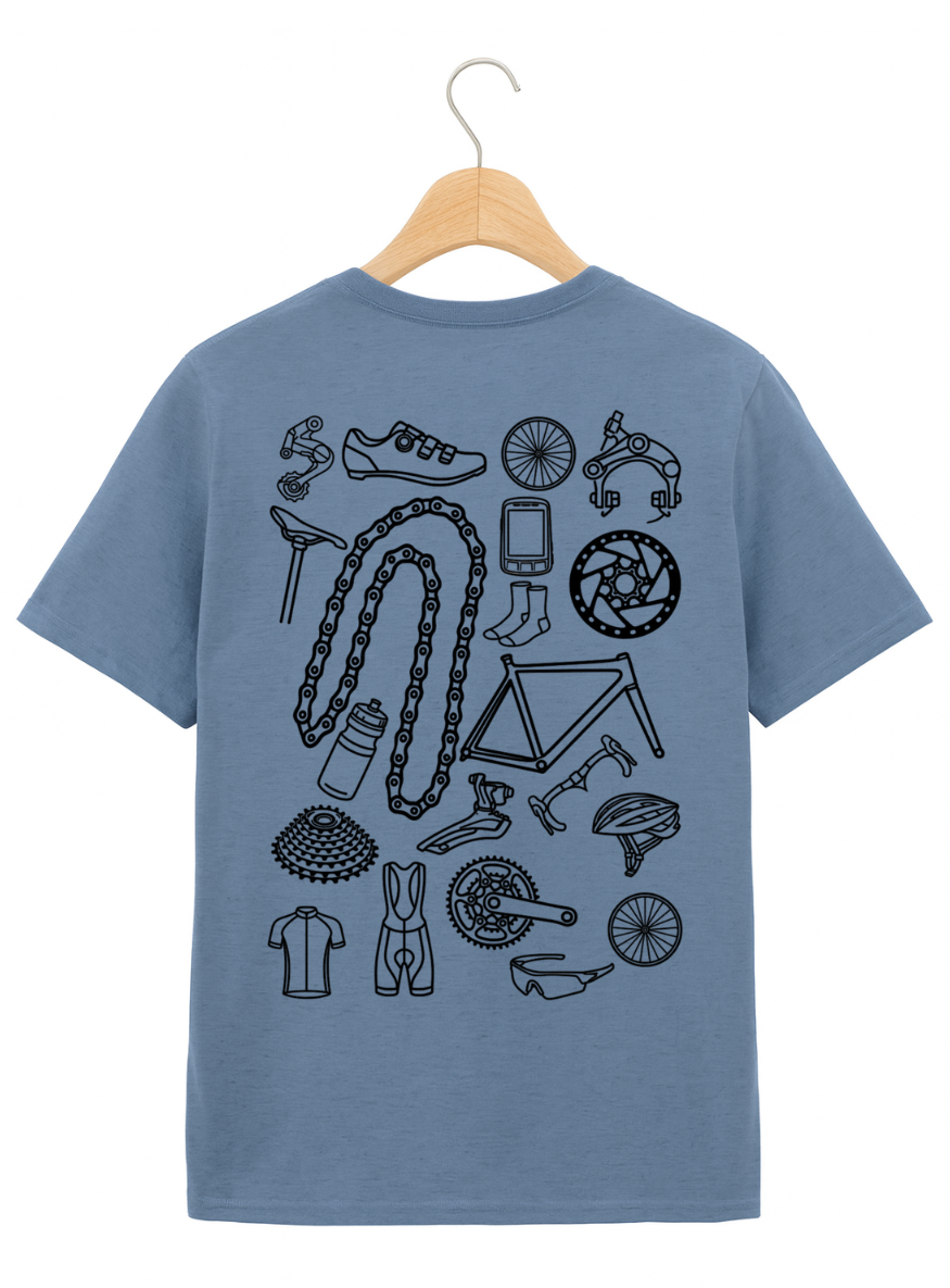 Blue t-shirt with black bicycle-related graphics on a hanger against a white background