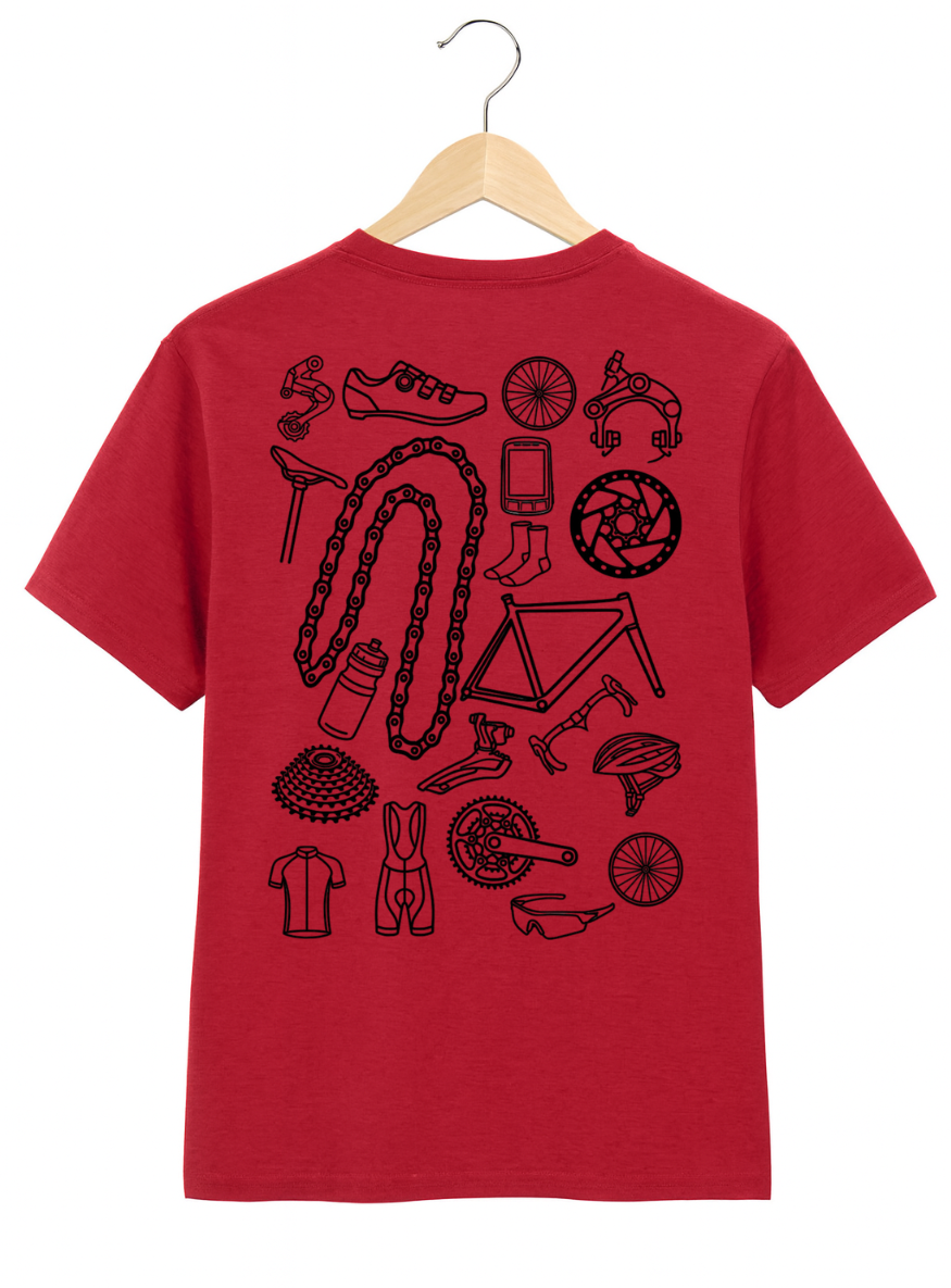 Red t-shirt with black bicycle-themed graphics on a white background