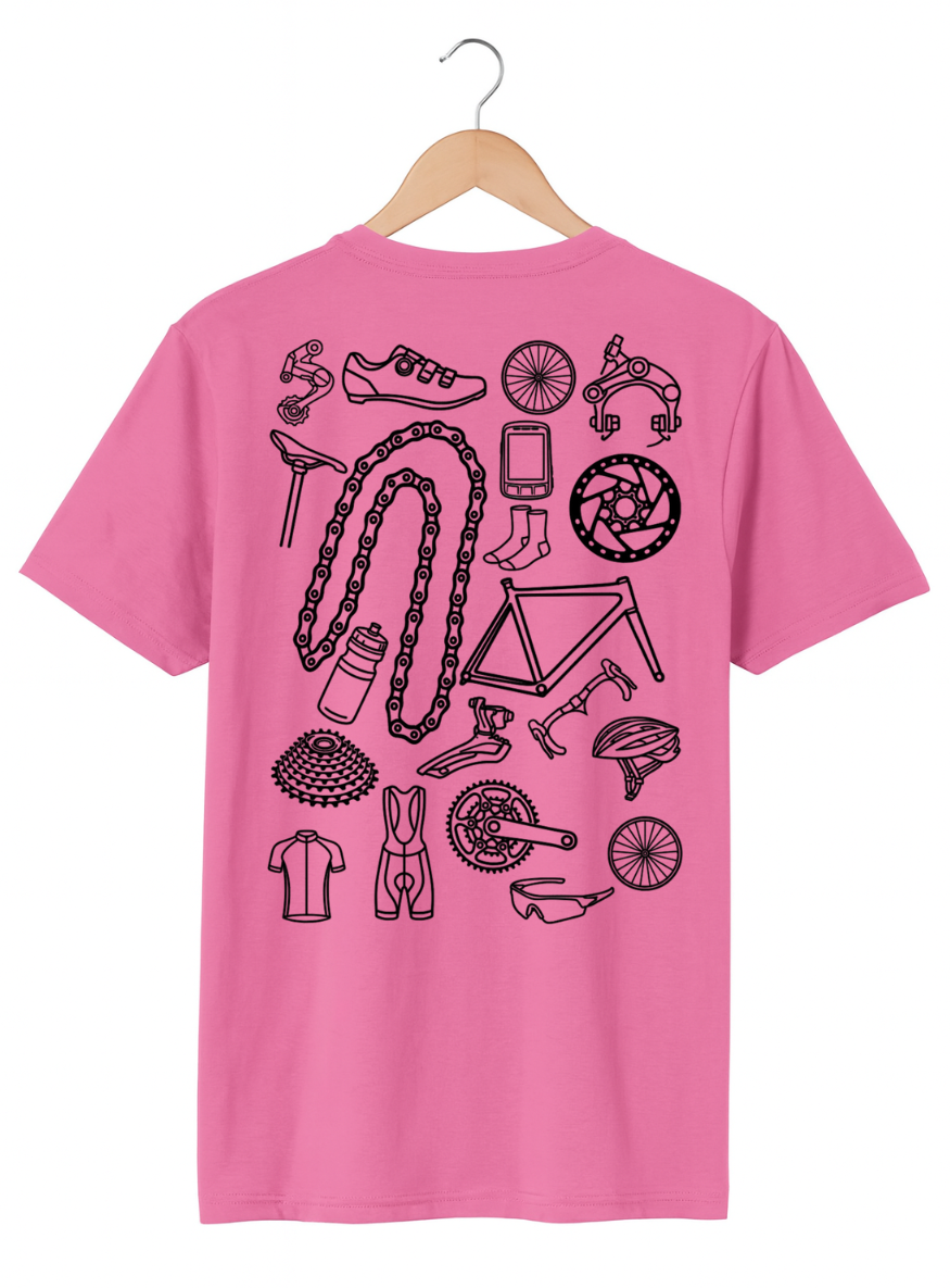Pink t-shirt with black bicycle graphics on a hanger against a white background