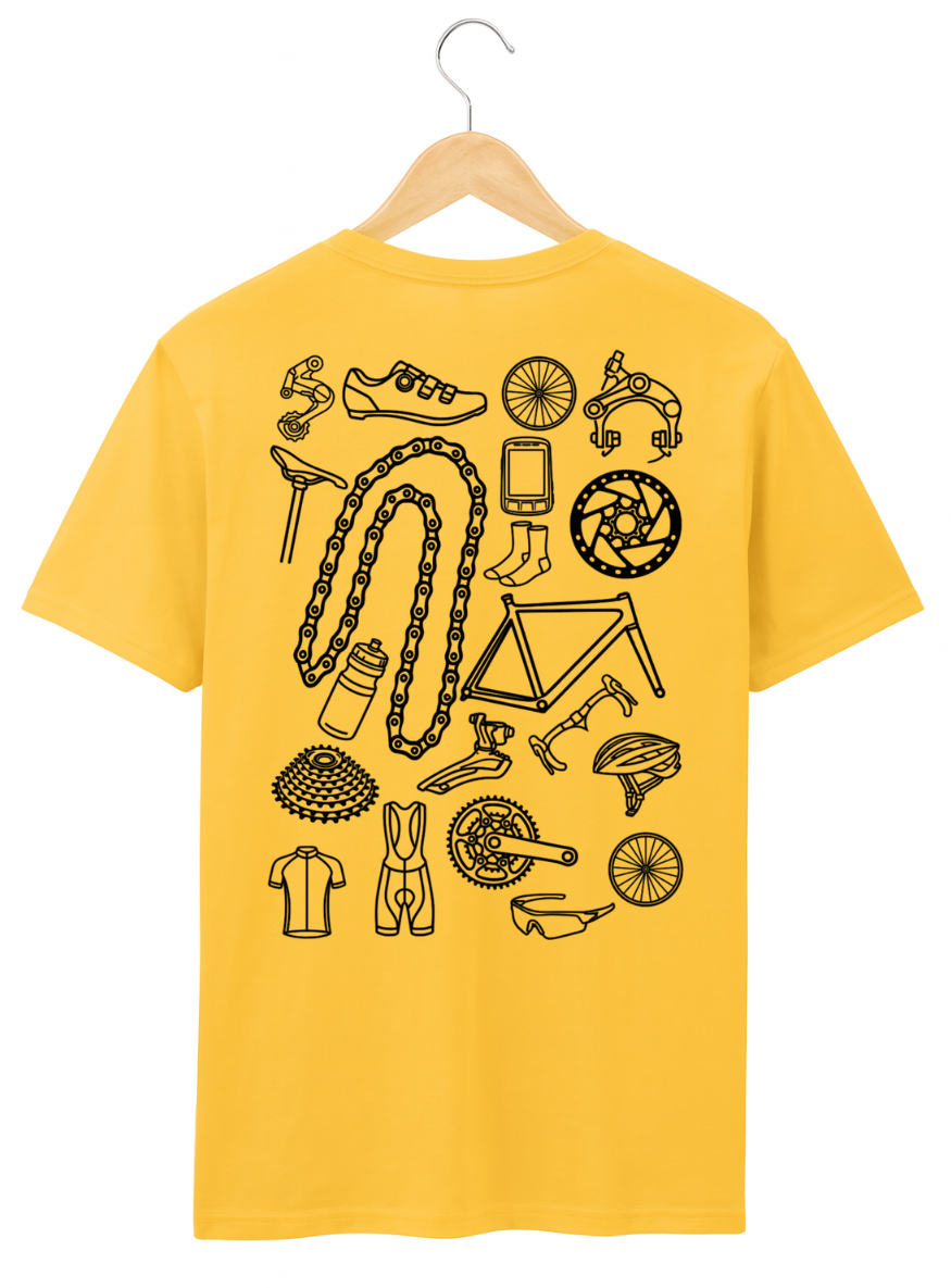 Yellow t-shirt with black bicycle-related graphics on a hanger against a white background