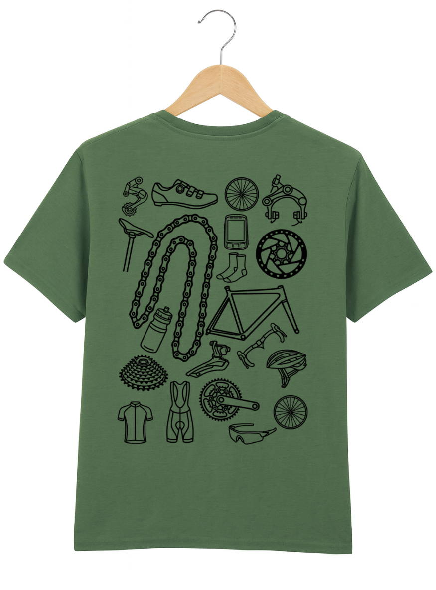 Green t-shirt with black bicycle parts illustration on a hanger against a white background