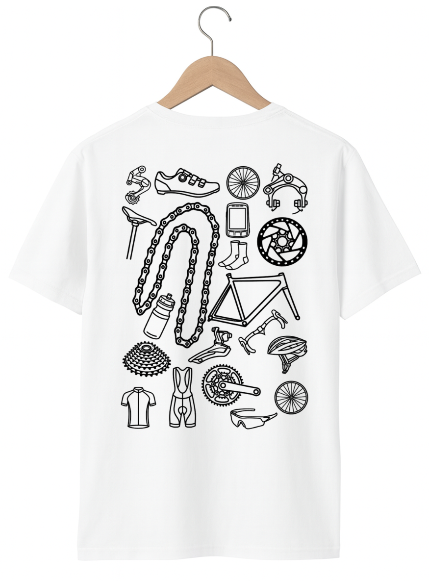 White t-shirt with black bicycle-related graphics on a hanger against a white background