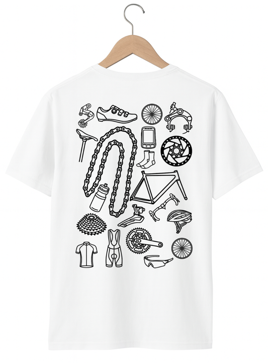 White t-shirt with black bicycle-related graphics on a hanger against a white background