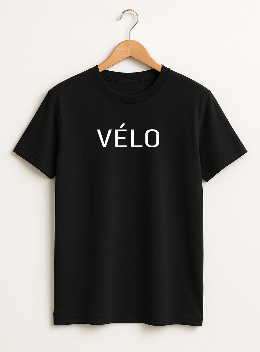 Black t-shirt with 'VELO' printed on it hanging on a wooden hanger against a white background