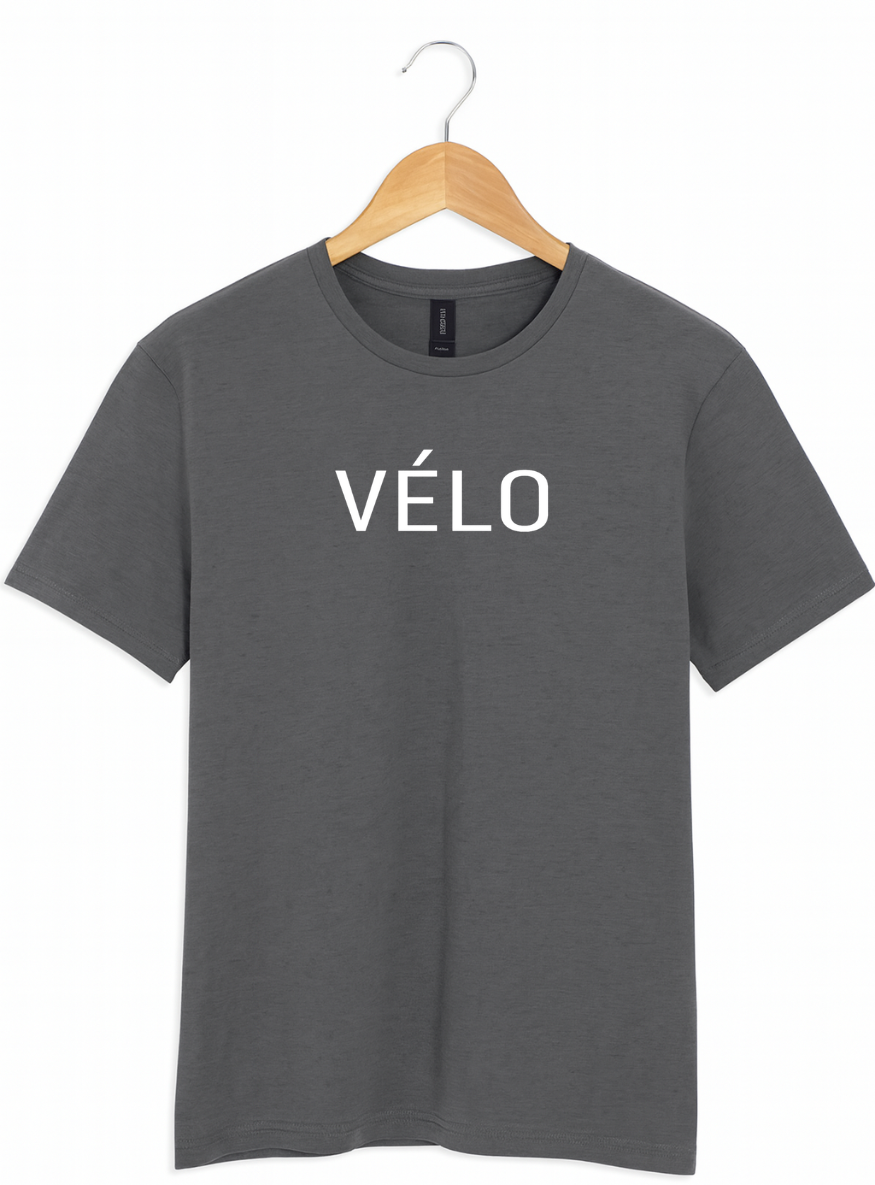Grey t-shirt with 'Vélo' text on a wooden hanger against a white background